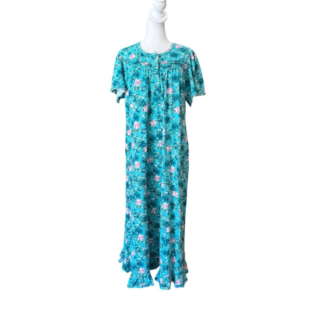 Dreams Co Nightgown Blue Floral 100% Cotton Lace Short Sleeve Womens Med Petite